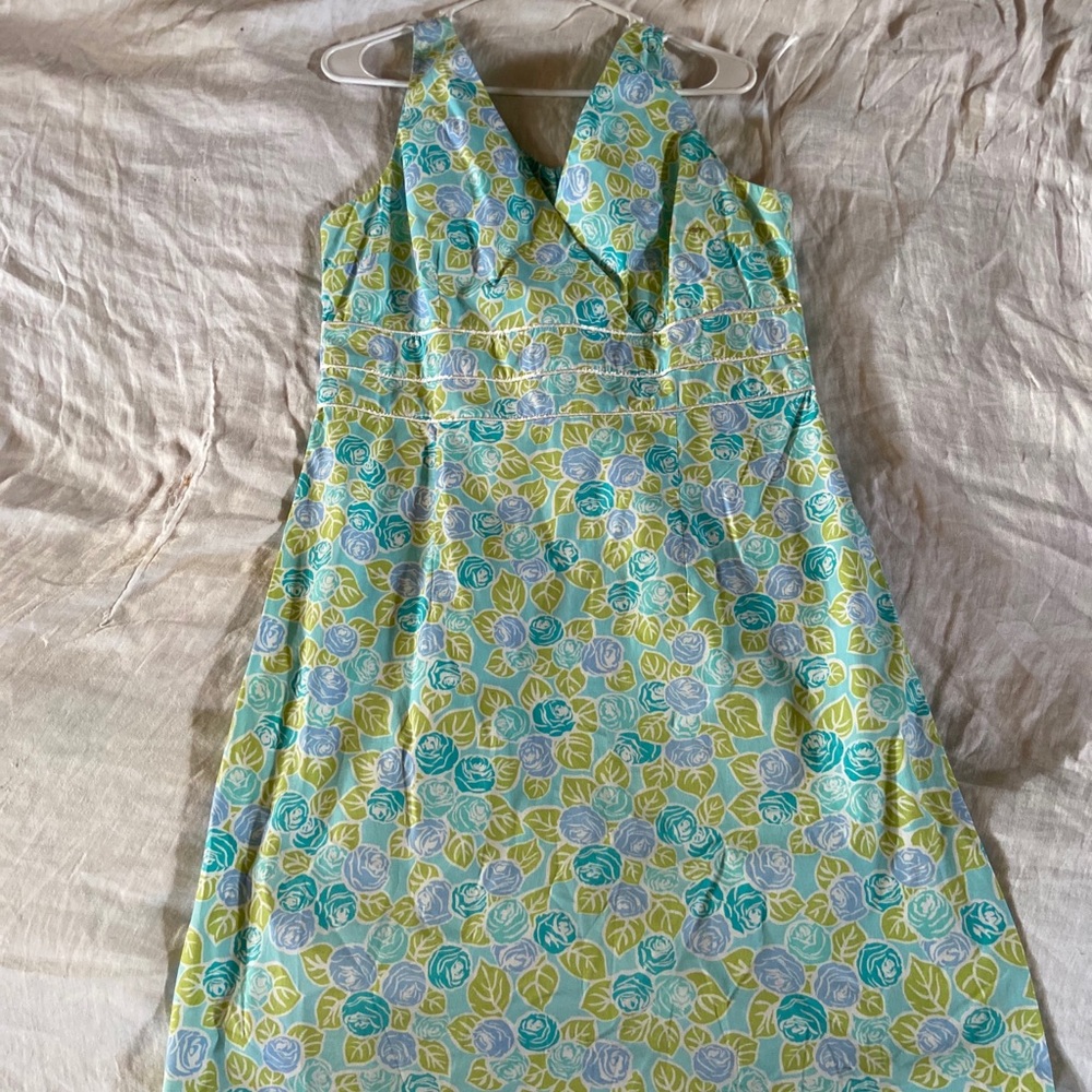Floral Blue Rosebud V Neck Sun Dress Straight Cut